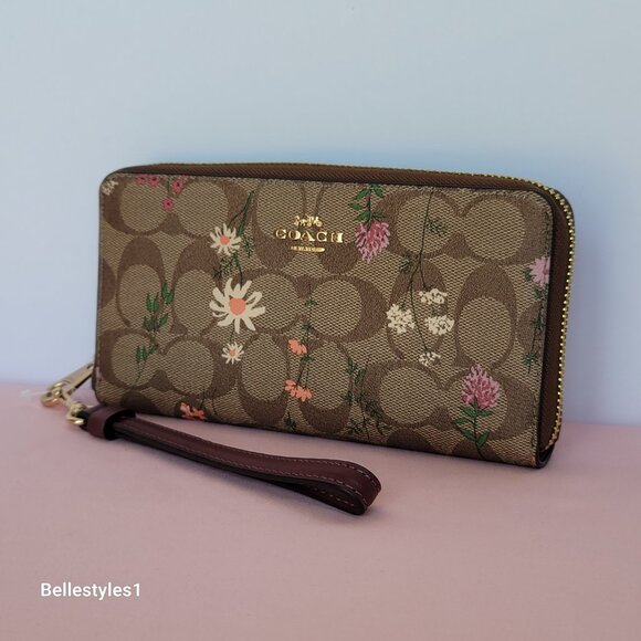 COACH Signature Canvas With Wildflower Print Zip-Around Wallet/Wristlet-Khaki M - Picture 8 of 16